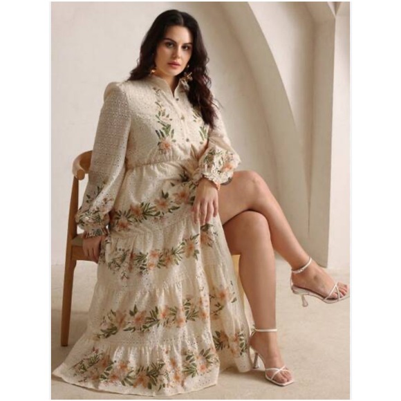 ANewsta Curve 4XL Ivory Floral Embroidered Eyelet Maxi Dress Long Sleeve Cottage - Picture 4 of 13